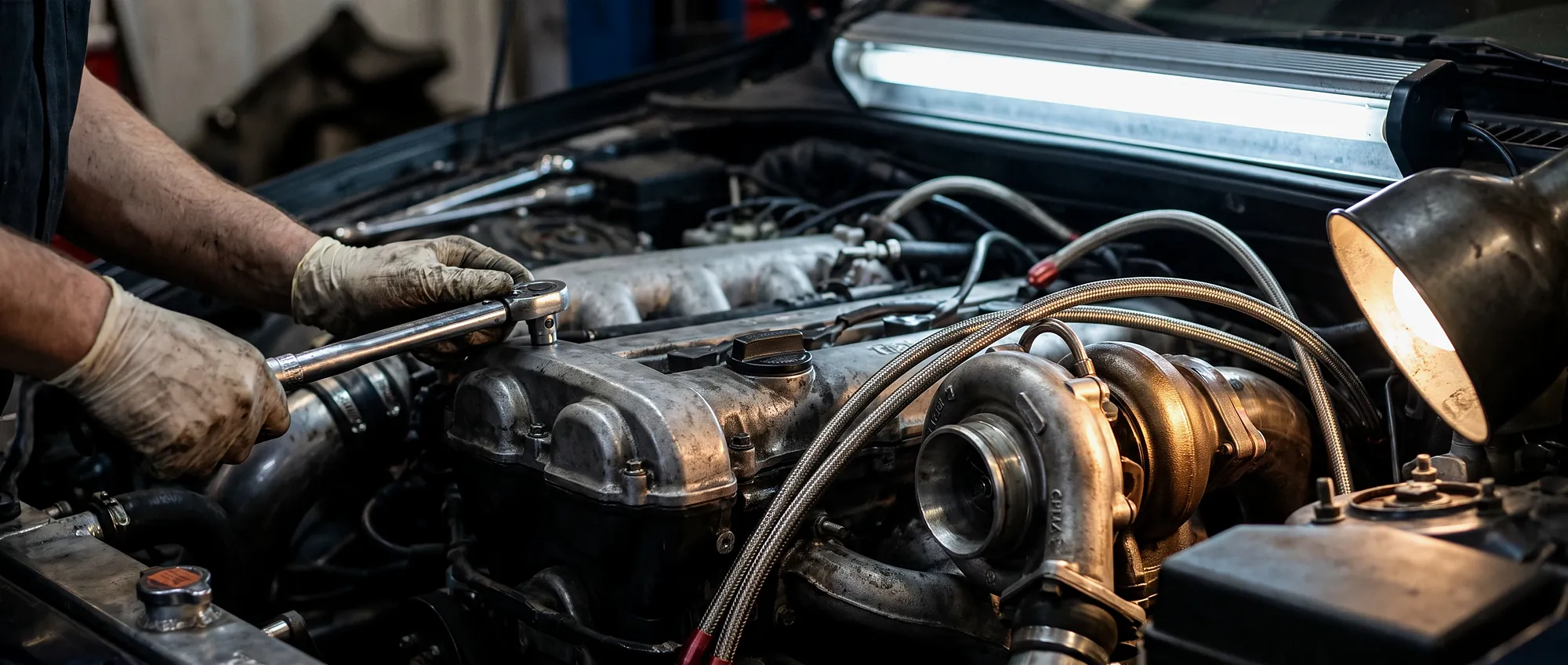 Behandschuhte Hände mit Drehmomentschlüssel an einem Turbomotor bei geöffneter Motorhaube
