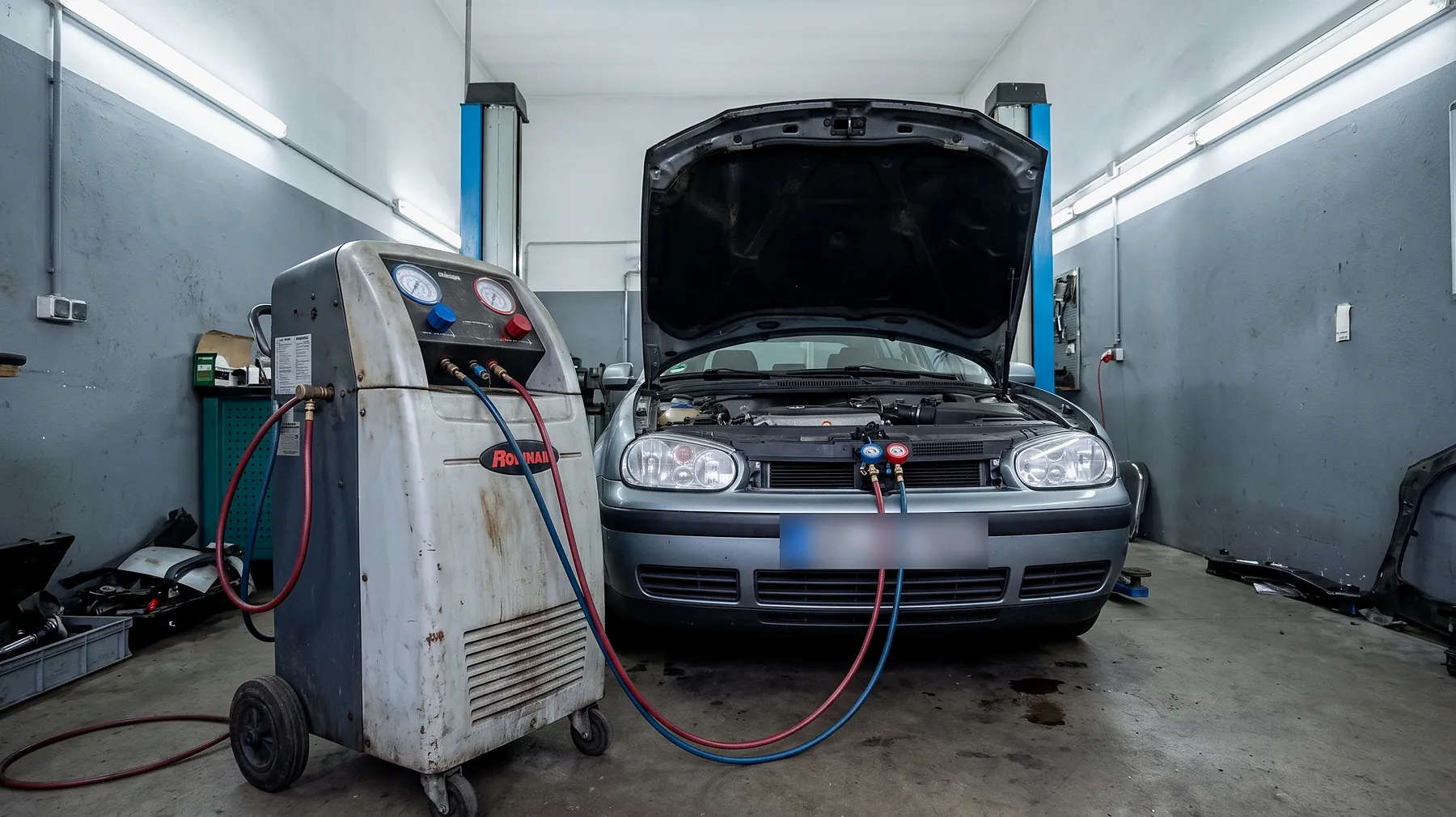 Klimaservicegerät mit roten und blauen Serviceschläuchen, angeschlossen an ein Fahrzeug mit geöffneter Motorhaube