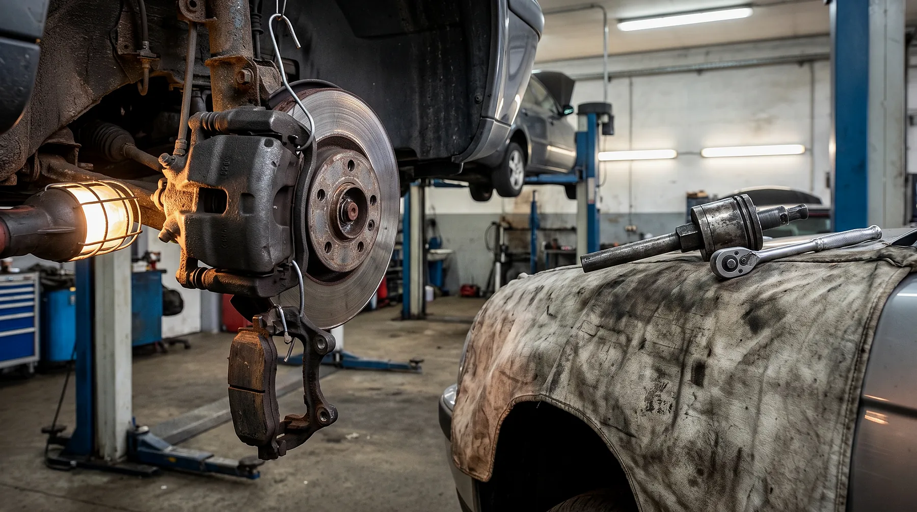 Bremssattel abgenommen - HZ Performance Abgenommener Bremssattel an einem Haken neben der freigelegten Bremsscheibe, Werkzeug auf der Kotflügelabdeckung