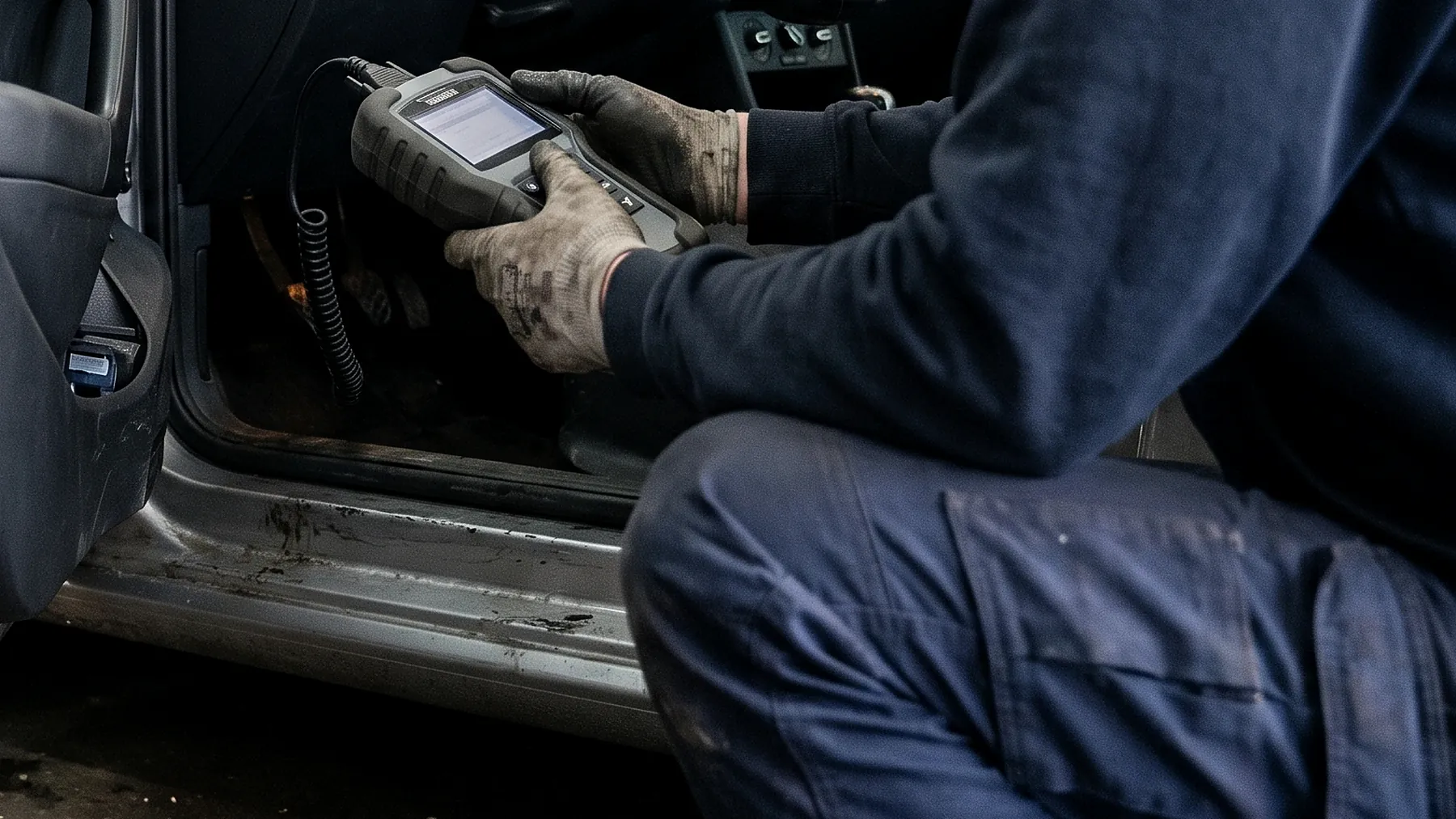 Fehlerauslesen am Fahrzeug - HZ Performance Behandschuhte Hände halten ein Diagnosegerät in der geöffneten Fahrertür, das Spiralkabel führt in den Fußraum zur Diagnosebuchse