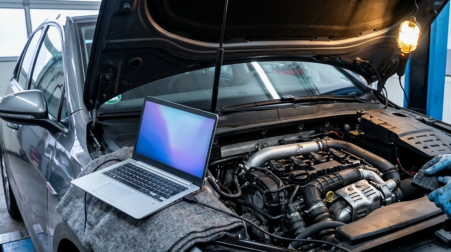 Arbeit am Steuergerät - HZ Performance Laptop mit Diagnoseleitung am offenen Motorraum eines modernen Turbomotors, behandschuhte Hand am Stecker